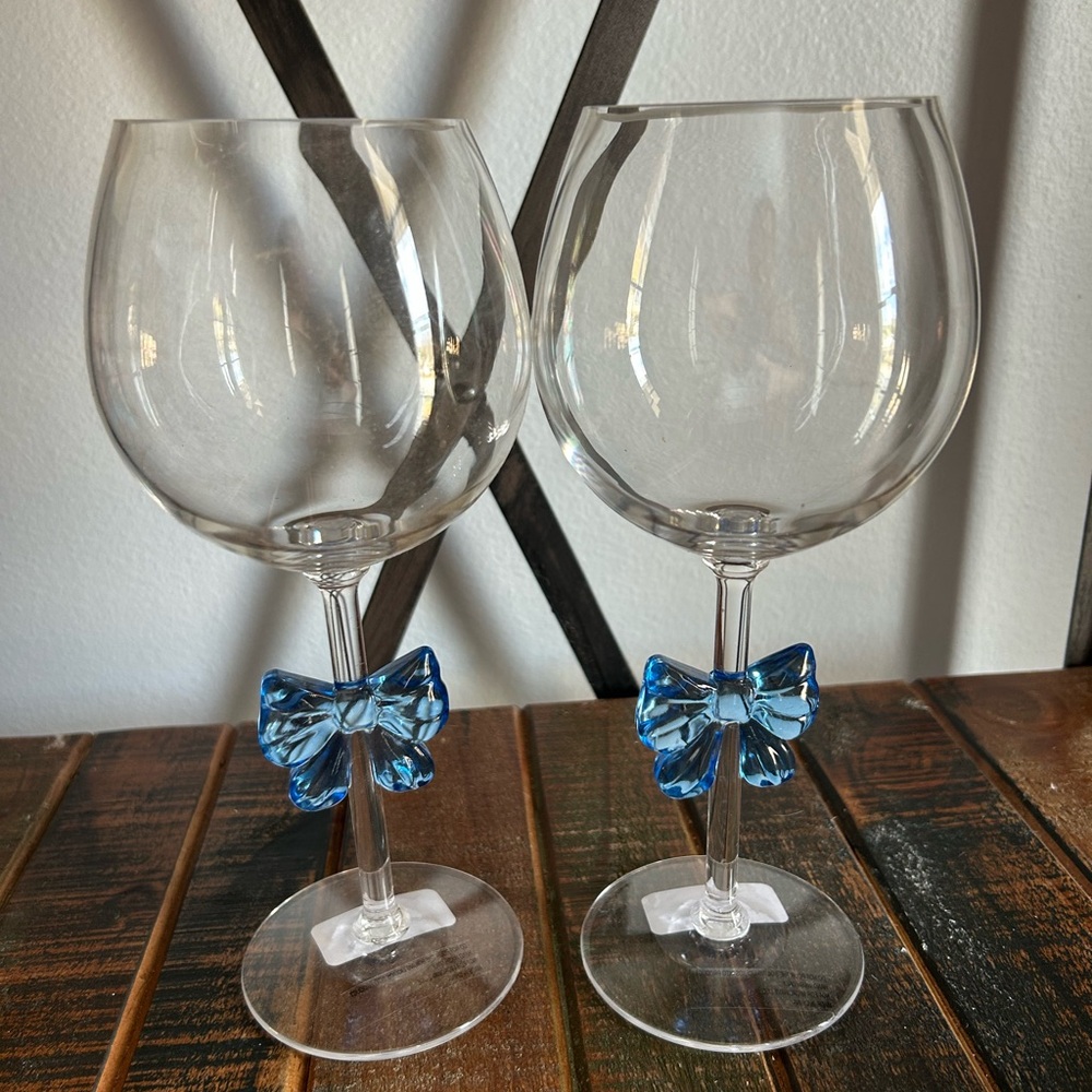 Blue Bow Coquette Acrylic Wine Glass Set Of 2 VIRAL Shabby Chic NEW